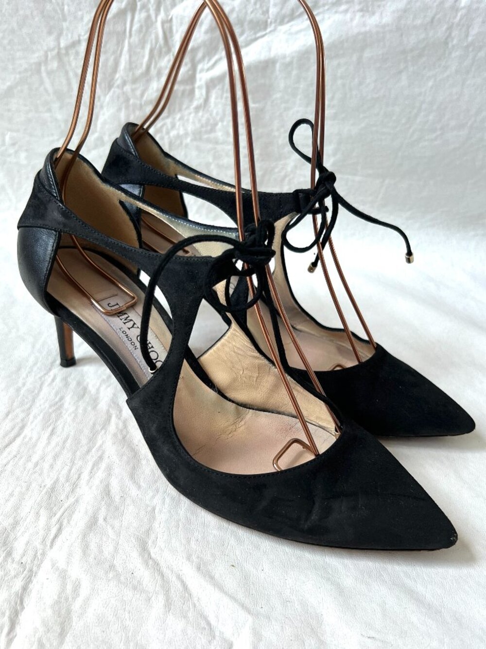Jimmy Choo pumps Vanessa mixed media pointed toe lace up 37.5 7.5 high heels
